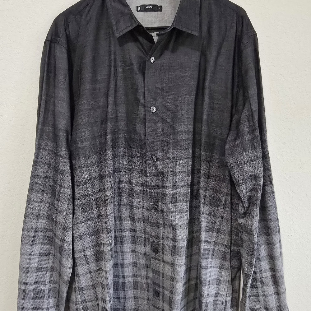 Vince Men's Ombre Plaid Shirt in Black‎ and Gray Mens Size XL EUC